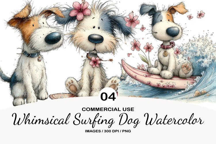 Whimsical Surfing Dog Watercolor Clipart