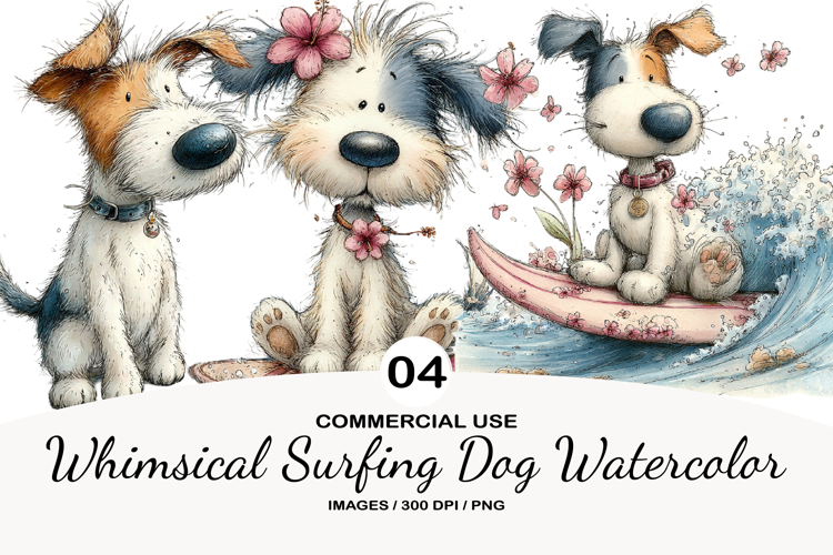 Whimsical Surfing Dog Watercolor Clipart