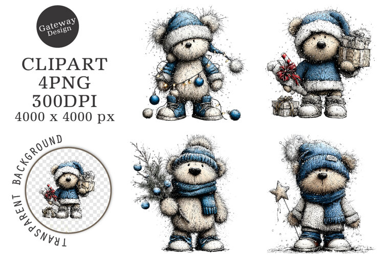 Whimsical Teddy Bear Christmas Clipart example image 1