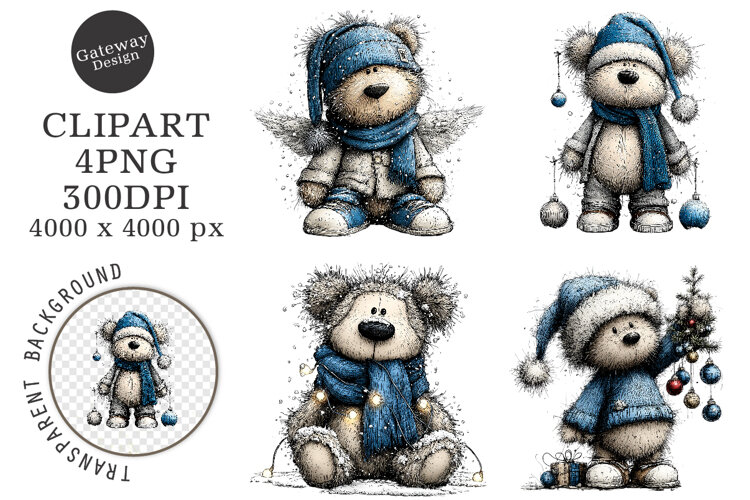 Whimsical Teddy Bear Christmas Clipart example image 1