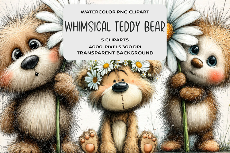 Whimsical Teddy Bear Daisy Clipart