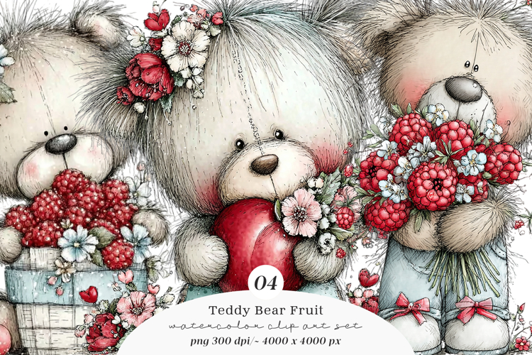 Whimsical Teddy Bear Fruit Clipart example image 1