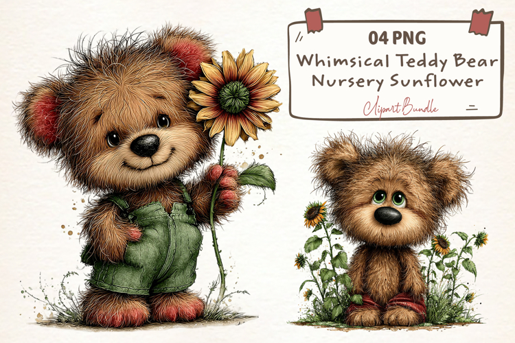 Whimsical Teddy Bear Nursery Sunflower Clipart