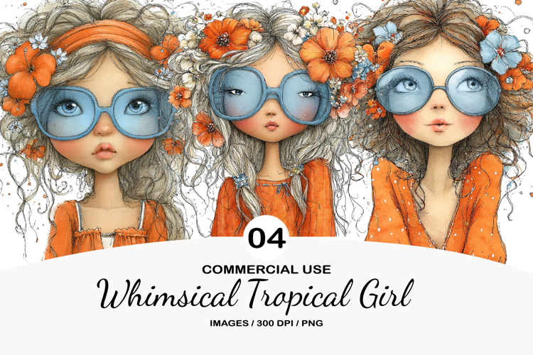 Whimsical Tropical Girl Watercolor Clipart