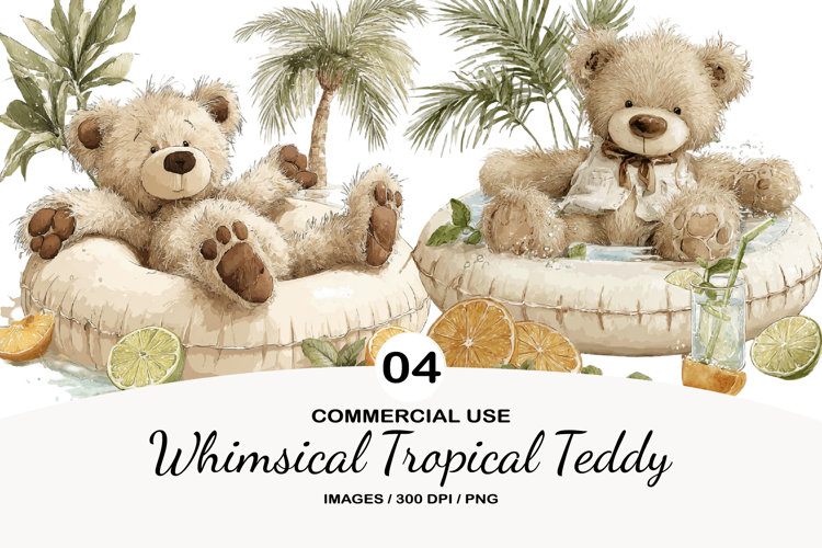Whimsical Tropical Teddy Watercolor Clipart