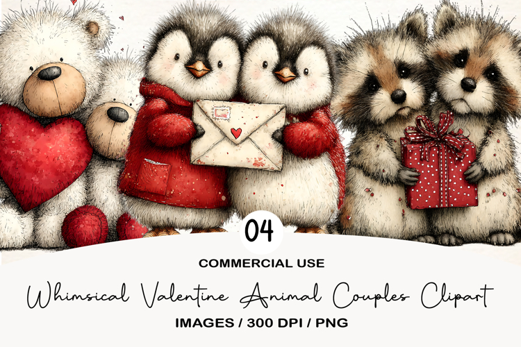 Whimsical Valentine Animal Couples Clipart