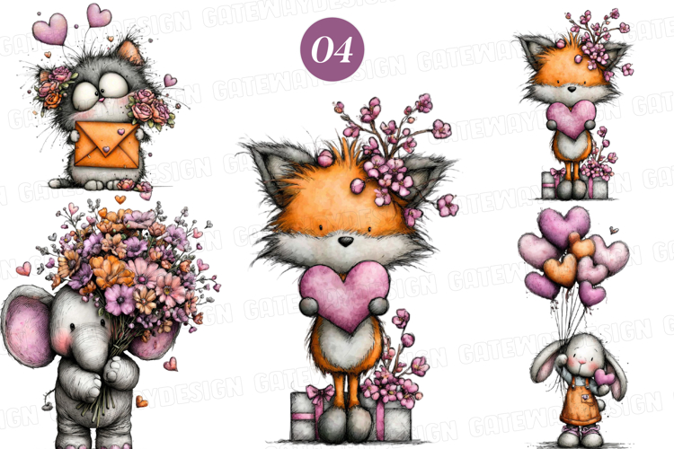 Whimsical Valentine Animals Clipart - Valentine Animals PNG