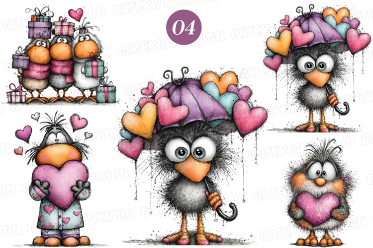 Whimsical Valentine Bird Clipart - Valentine Birds PNG