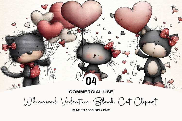 Whimsical Valentine Black Cat Clipart