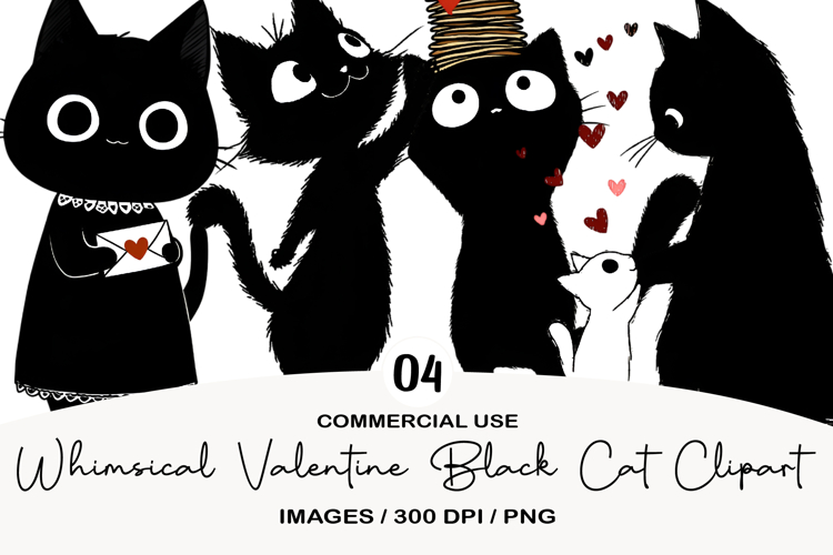 Whimsical Valentine Black Cat Clipart
