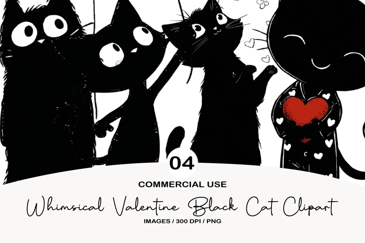 whimsical valentine black cat clipart