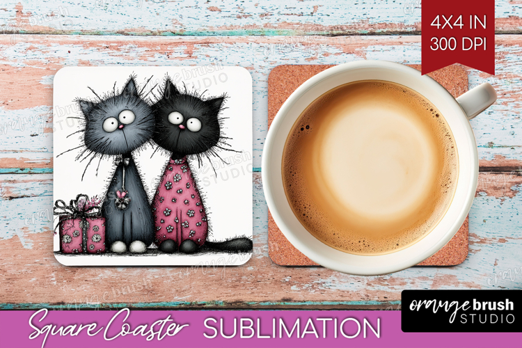 Whimsical Cat Square Coaster - Valentines Day Coaster PNG