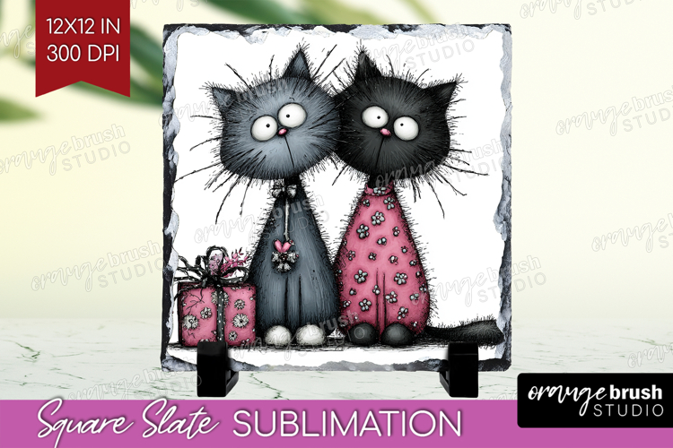 Whimsical Cat Slate PNG - Valentines Day Square Slate