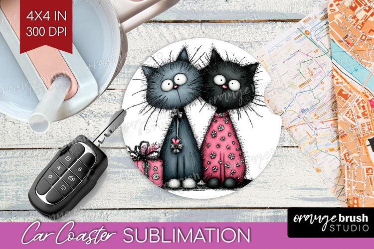 Whimsical Cat Car Coaster - Valentines Day Coaster PNG