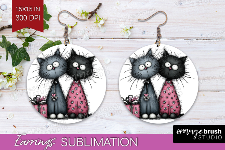 Whimsical Cat Round Earrings - Valentines Day PNG