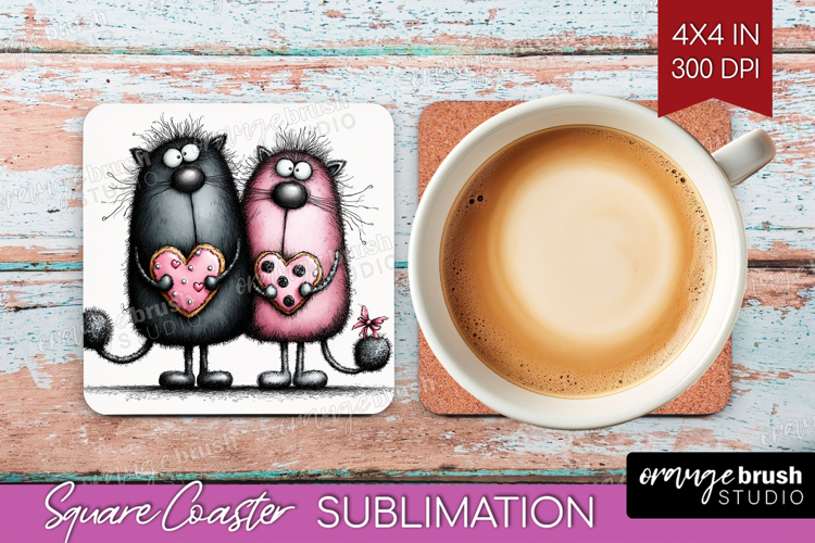 Whimsical Cat Square Coaster - Valentines Day Coaster PNG