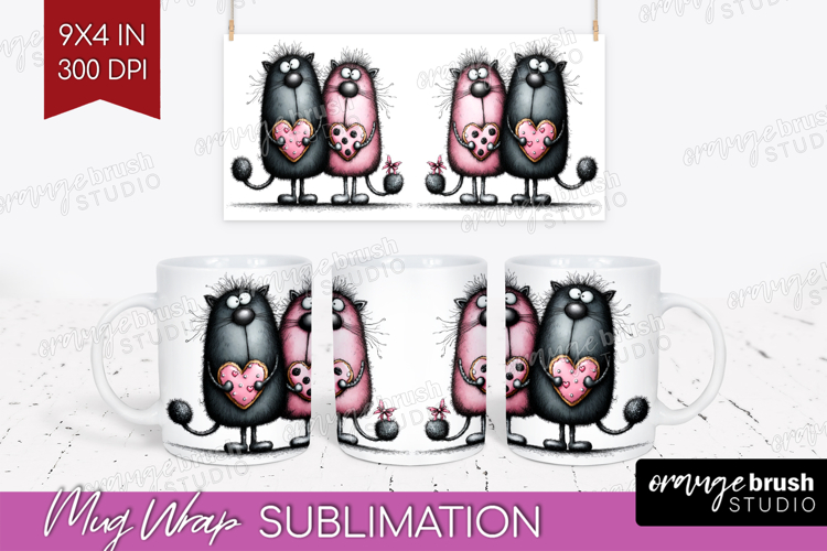 Whimsical Cat Mug Wrap - Valentines Day Mug PNG Sublimation