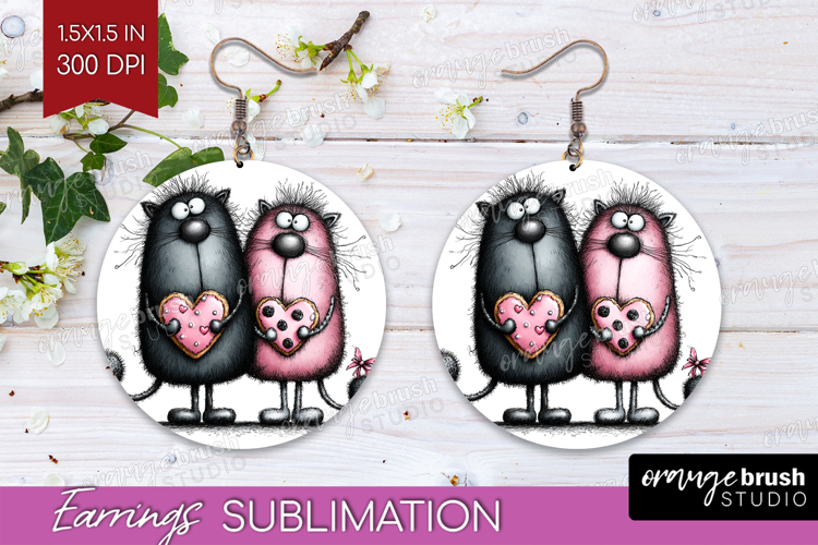 Whimsical Cat Round Earrings - Valentines Day PNG