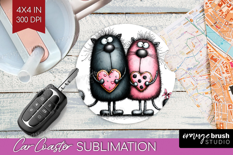 Whimsical Cat Car Coaster - Valentines Day Coaster PNG
