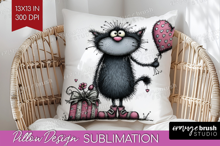 Whimsical Cat Pillow Sublimation - Valentines Day Pillow PNG
