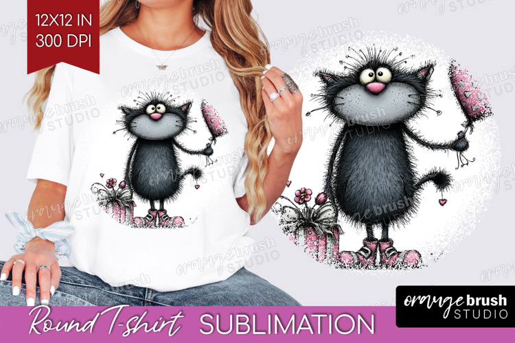Whimsical Cat Round Tshirt Background - Valentines Day PNG