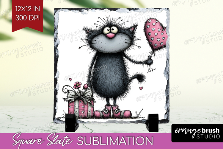 Whimsical Cat Slate PNG - Valentines Day Square Slate