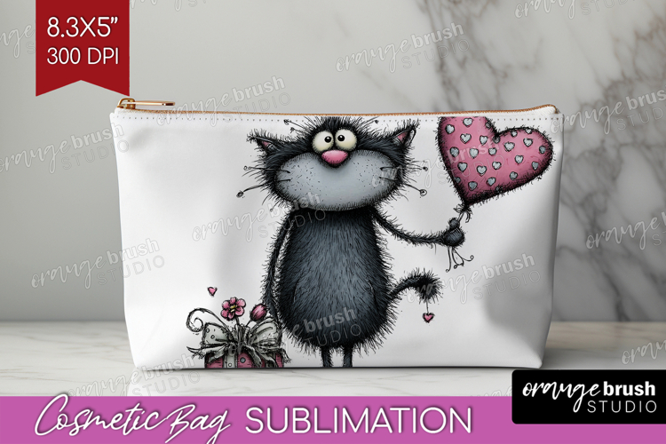 Whimsical Cat Cosmetic Bag - Valentines Day Makeup Bag PNG