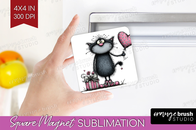Whimsical Cat Magnet Sublimation - Valentines Day Square PNG