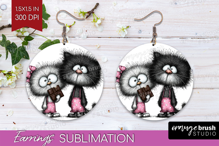 Whimsical Cat Round Earrings - Valentines Day PNG