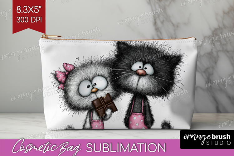 Whimsical Cat Cosmetic Bag - Valentines Day Makeup Bag PNG