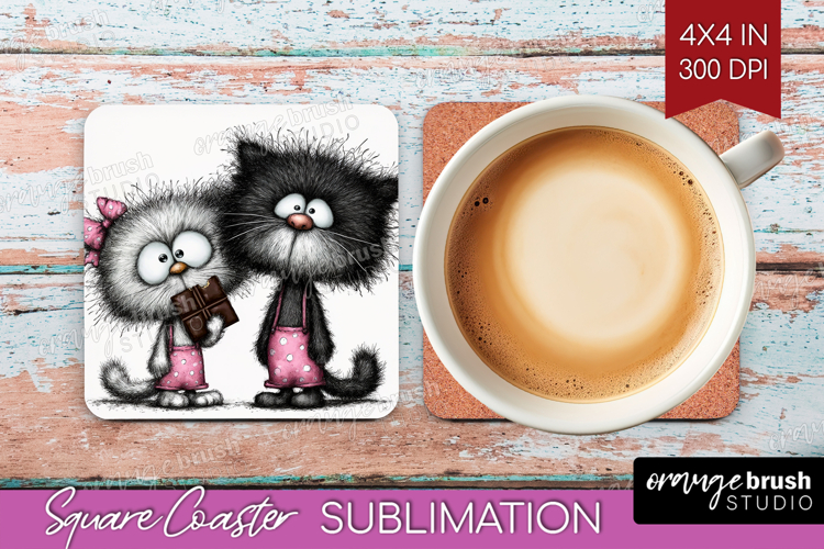 Whimsical Cat Square Coaster - Valentines Day Coaster PNG