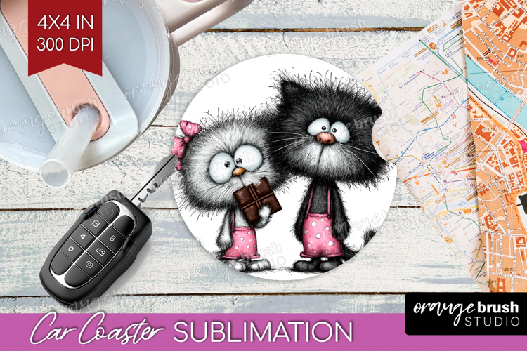 Whimsical Cat Car Coaster - Valentines Day Coaster PNG