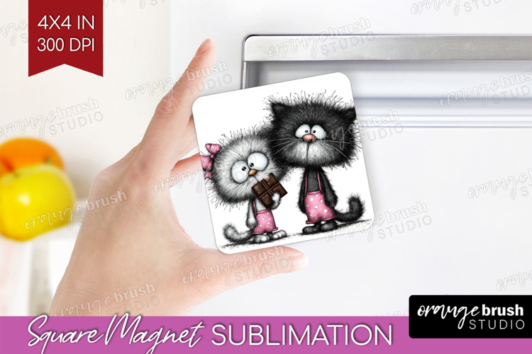 Whimsical Cat Magnet Sublimation - Valentines Day Square PNG