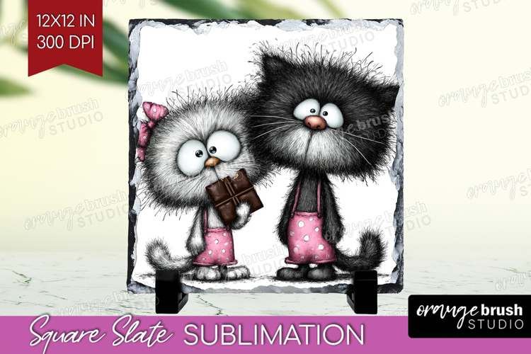 Whimsical Cat Slate PNG - Valentines Day Square Slate