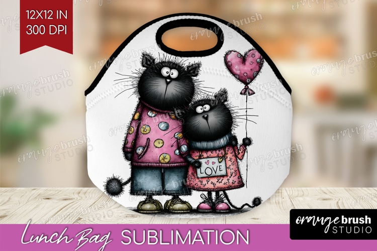 Whimsical Cat Lunch Bag - Valentines Day Lunch Bug PNG