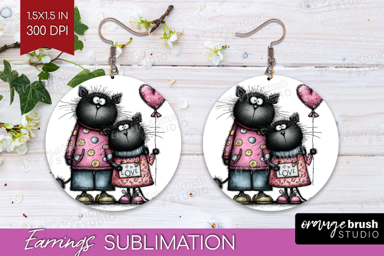 Whimsical Cat Round Earrings - Valentines Day PNG