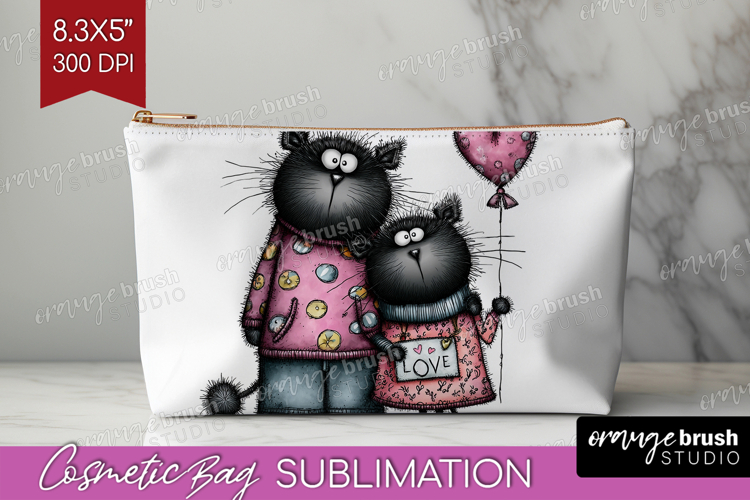 Whimsical Cat Cosmetic Bag - Valentines Day Makeup Bag PNG