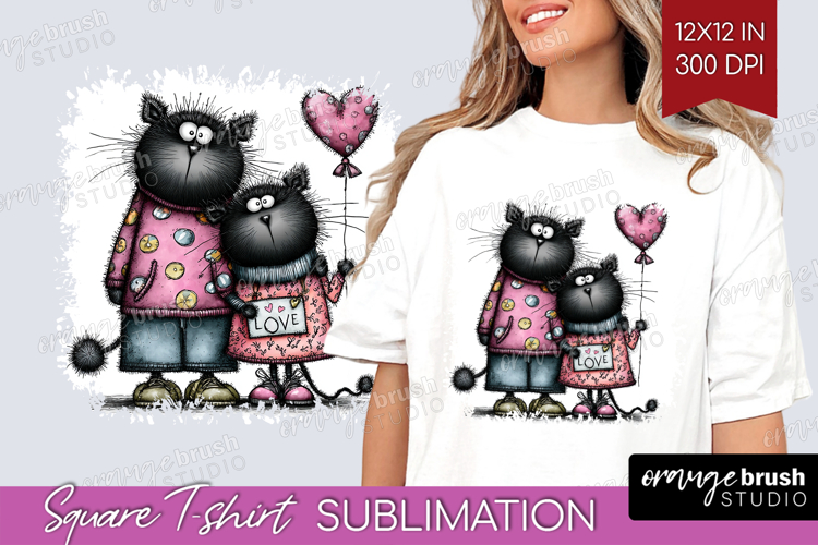 Whimsical Cat Square Tshirt Background - Valentines Day PNG