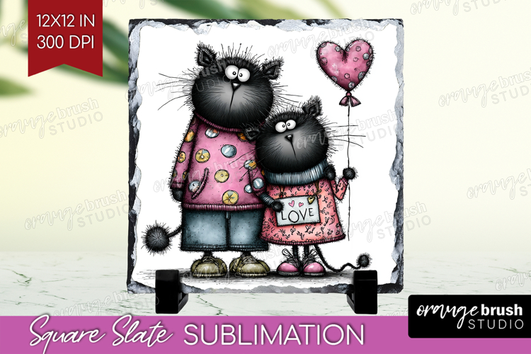 Whimsical Cat Slate PNG - Valentines Day Square Slate