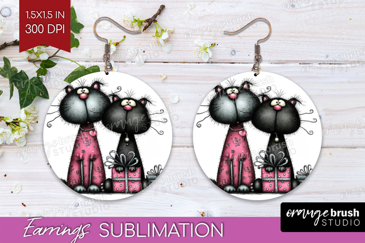 Whimsical Cat Round Earrings - Valentines Day PNG