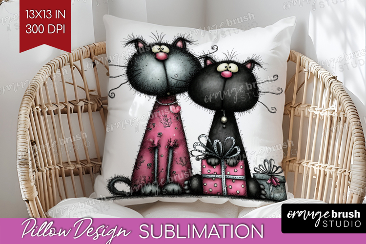 Whimsical Cat Pillow Sublimation - Valentines Day Pillow PNG