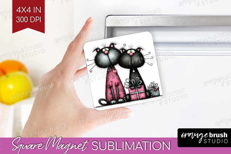 Whimsical Cat Magnet Sublimation - Valentines Day Square PNG