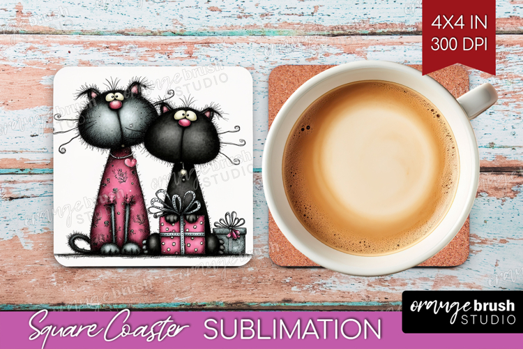 Whimsical Cat Square Coaster - Valentines Day Coaster PNG