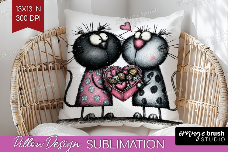 Whimsical Cat Pillow Sublimation - Valentines Day Pillow PNG