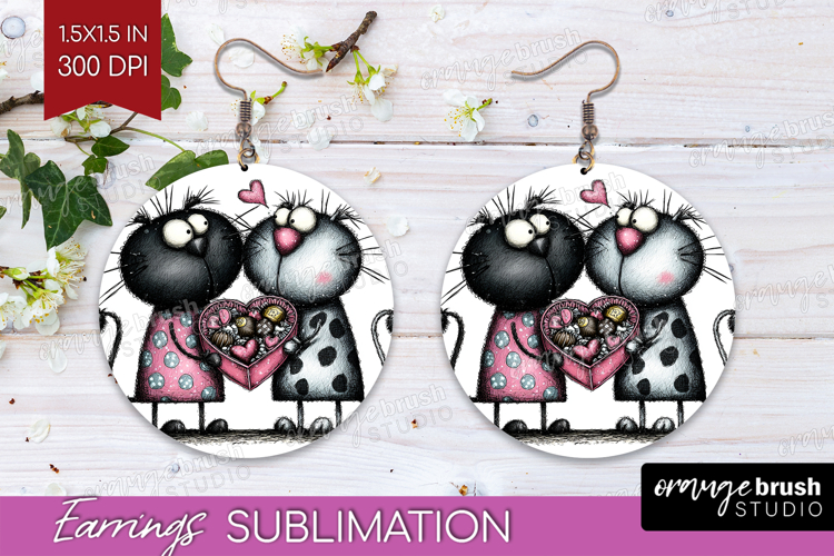 Whimsical Cat Round Earrings - Valentines Day PNG