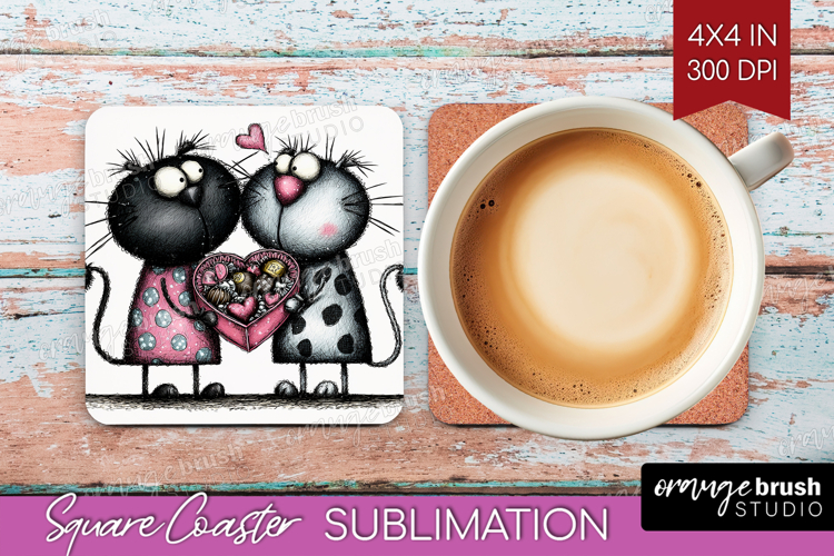 Whimsical Cat Square Coaster - Valentines Day Coaster PNG