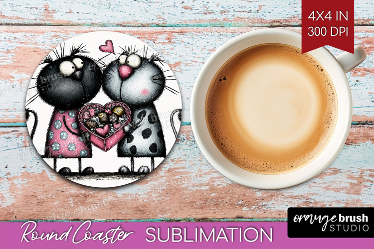 Whimsical Cat Round Coaster - Valentines Day Coaster PNG