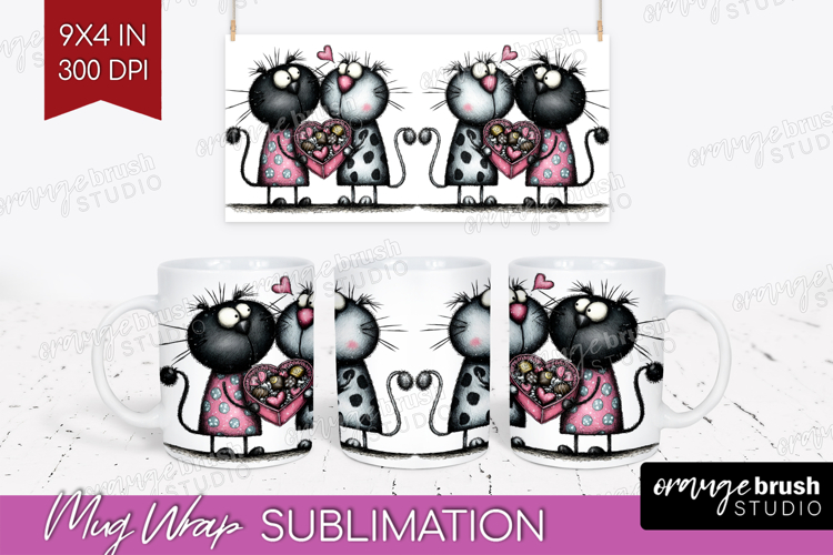 Whimsical Cat Mug Wrap - Valentines Day Mug PNG Sublimation