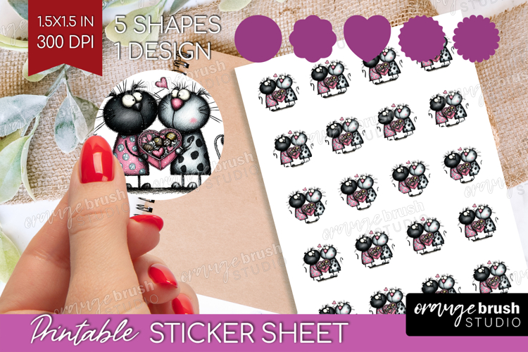 Whimsical Cat Round Sticker - Valentines Day Printable Sheet