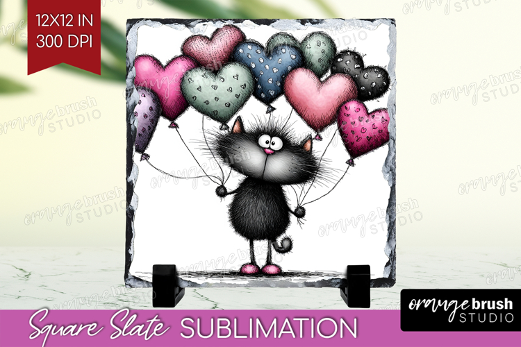 Whimsical Cat Slate PNG - Valentines Day Square Slate